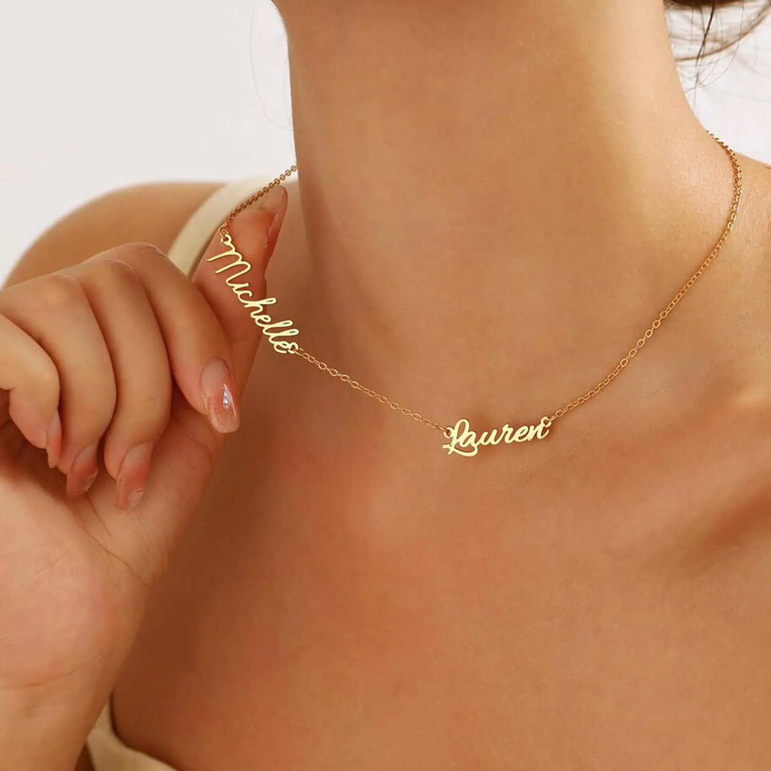 Personalized Name Necklace with Curb Chain, 18K Gold Plated Handmade Custom Family Choker Customized Child Nameplate Necklace Mother's Day Jewelry Gift for Mom, Wife (2 Names Necklace)