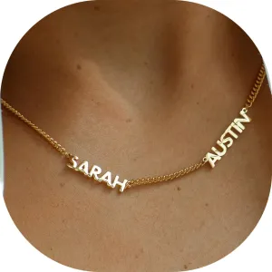 Personalized Name Necklace with Curb Chain, 18K Gold Plated Handmade Custom Family Choker Customized Child Nameplate Necklace Mother's Day Jewelry Gift for Mom, Wife (2 Names Necklace)