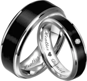 Personalized Stainless Steel Beveled Cut Black & Silver Two Tone Couple's Ring Set Custom Engraved Free In Any Language - Ships From USA
