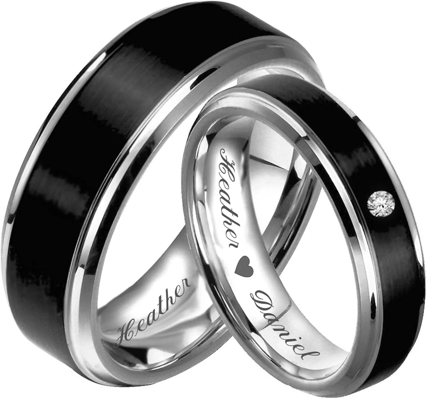 Personalized Stainless Steel Beveled Cut Black & Silver Two Tone Couple's Ring Set Custom Engraved Free In Any Language - Ships From USA