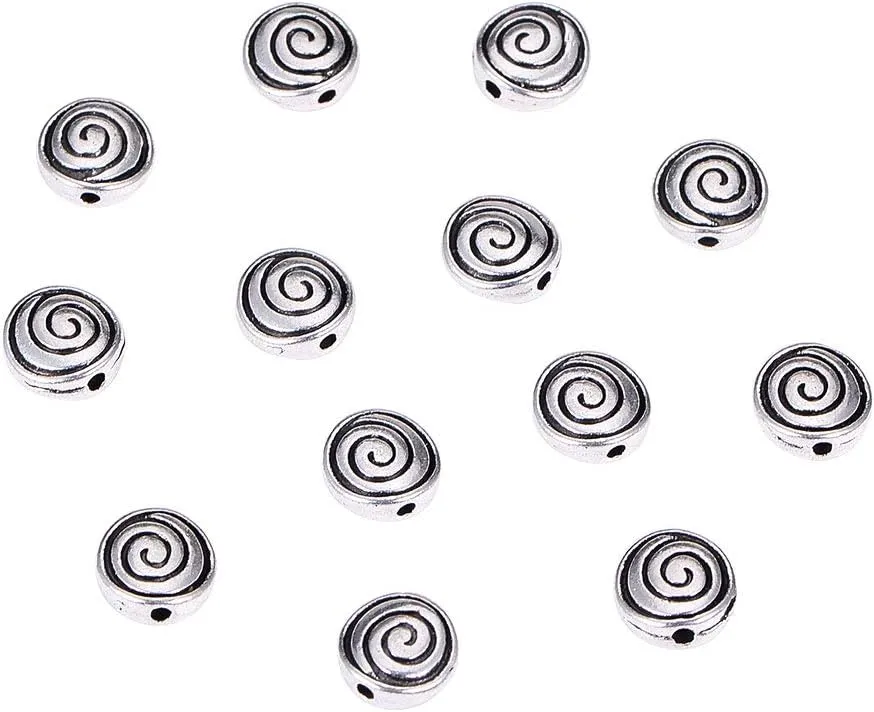 PH PandaHall 150pcs Flat Round Spacer Beads Tibetan Alloy Antique Silver Carved Vortex Jewelry Bead Charm Spacers for Jewelry Making DIY Bracelets Necklace