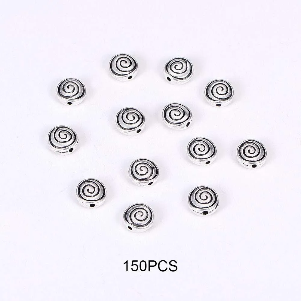 PH PandaHall 150pcs Flat Round Spacer Beads Tibetan Alloy Antique Silver Carved Vortex Jewelry Bead Charm Spacers for Jewelry Making DIY Bracelets Necklace