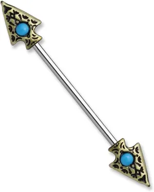 Pierced Owl 14G Antique Gold Plated Stainless Steel Tribal Spear with Synthetic Turquoise Accents Industrial Barbell