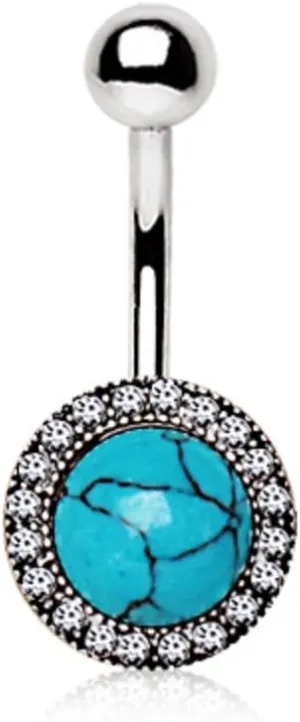 Pierced Owl 14GA 316L Stainless Steel Antique Jeweled Turquoise Belly Button Ring