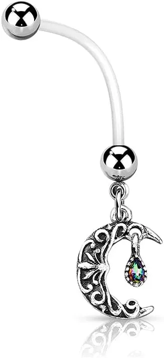Pierced Owl 14GA Antique Filigree Carved Crescent Moon Dangle BioFlex with 316L Surgical Stainless Steel Pregnancy Navel Belly Button Ring