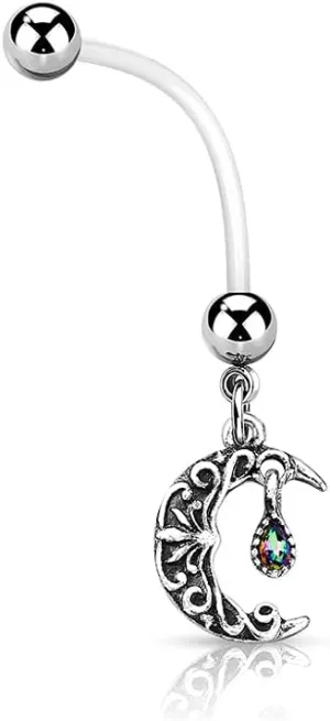 Pierced Owl 14GA Antique Filigree Carved Crescent Moon Dangle BioFlex with 316L Surgical Stainless Steel Pregnancy Navel Belly Button Ring