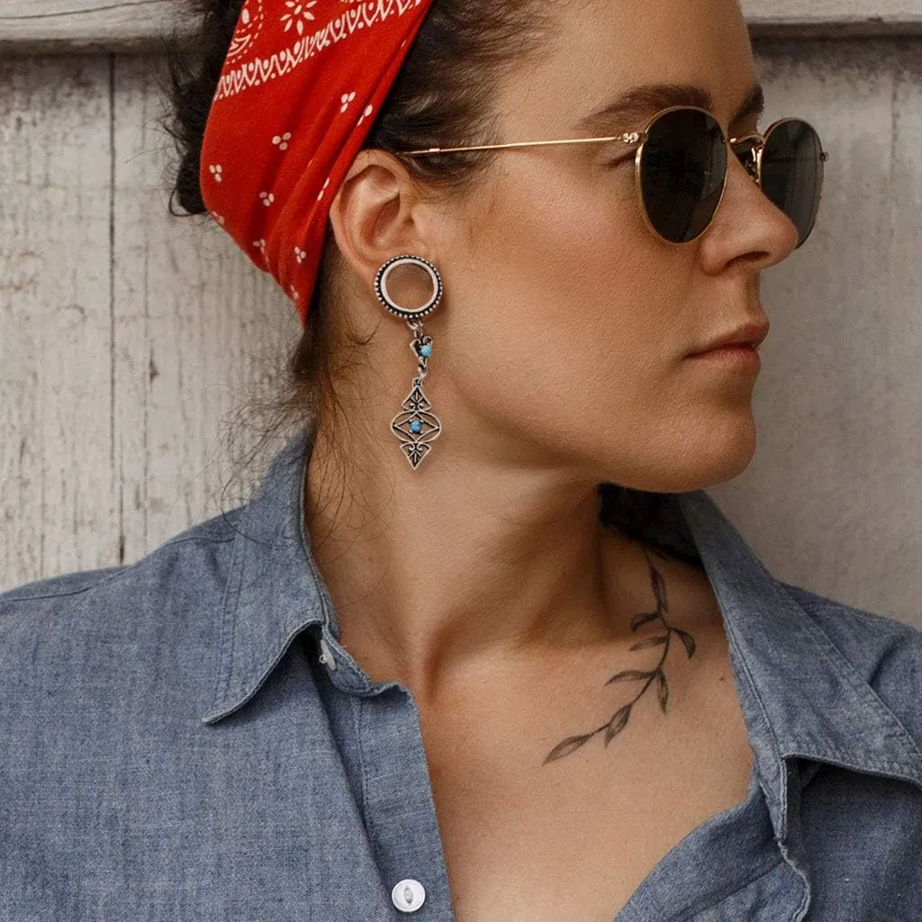 Pierced Owl - Antique Silver Plated Tribal Dangling Turquoise Charms Screw Fit Tunnel Plugs, Sold as Pair