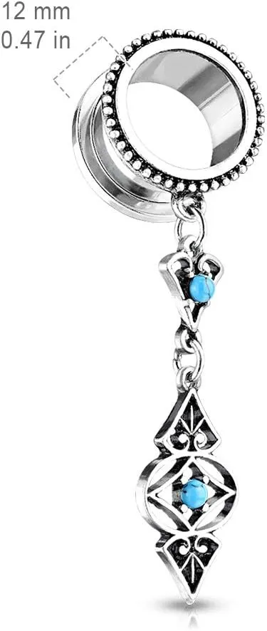 Pierced Owl - Antique Silver Plated Tribal Dangling Turquoise Charms Screw Fit Tunnel Plugs, Sold as Pair