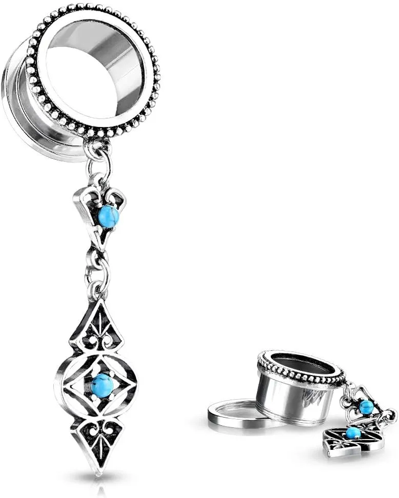 Pierced Owl - Antique Silver Plated Tribal Dangling Turquoise Charms Screw Fit Tunnel Plugs, Sold as Pair