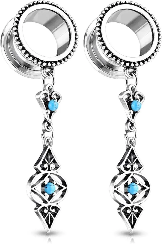 Pierced Owl - Antique Silver Plated Tribal Dangling Turquoise Charms Screw Fit Tunnel Plugs, Sold as Pair