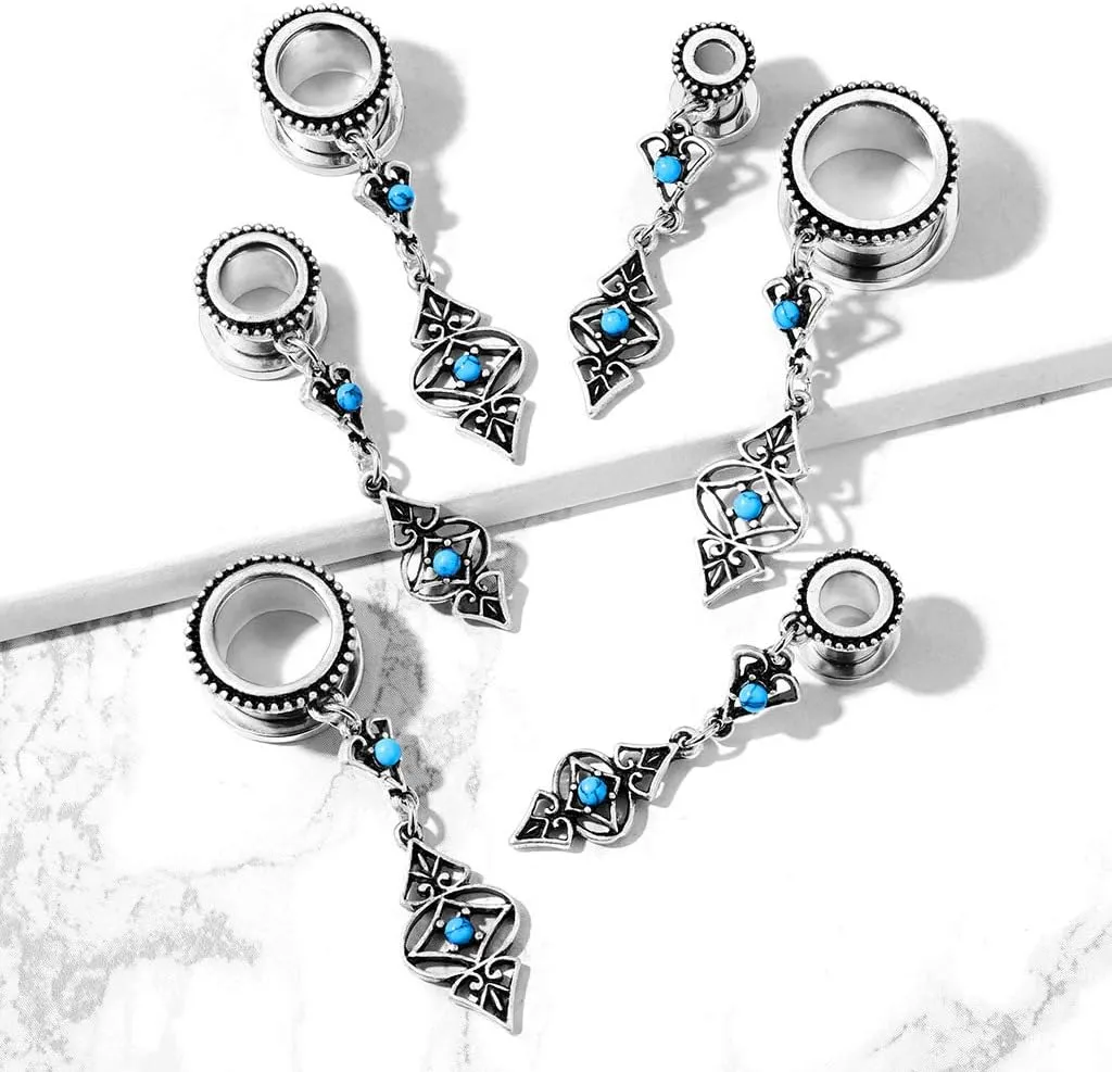 Pierced Owl - Antique Silver Plated Tribal Dangling Turquoise Charms Screw Fit Tunnel Plugs, Sold as Pair
