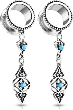 Pierced Owl - Antique Silver Plated Tribal Dangling Turquoise Charms Screw Fit Tunnel Plugs, Sold as Pair