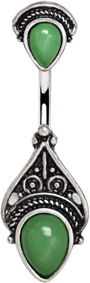 Pierced Owl Antique Victorian Design Synthetic Jade Stone Belly Button Ring in 316L Stainless Steel