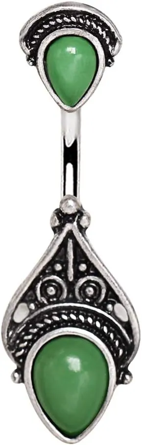 Pierced Owl Antique Victorian Design Synthetic Jade Stone Belly Button Ring in 316L Stainless Steel