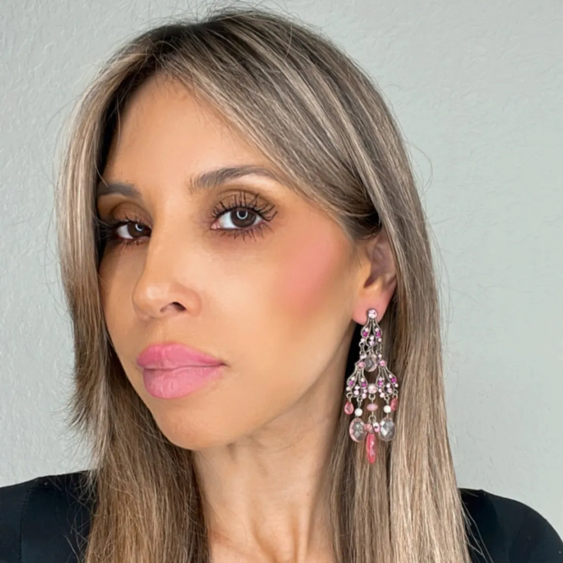 Pink Crystal & Silver Chandelier Earring