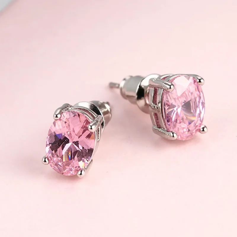 Pink Ice Zirconia Oval Solitaire Stud Earrings