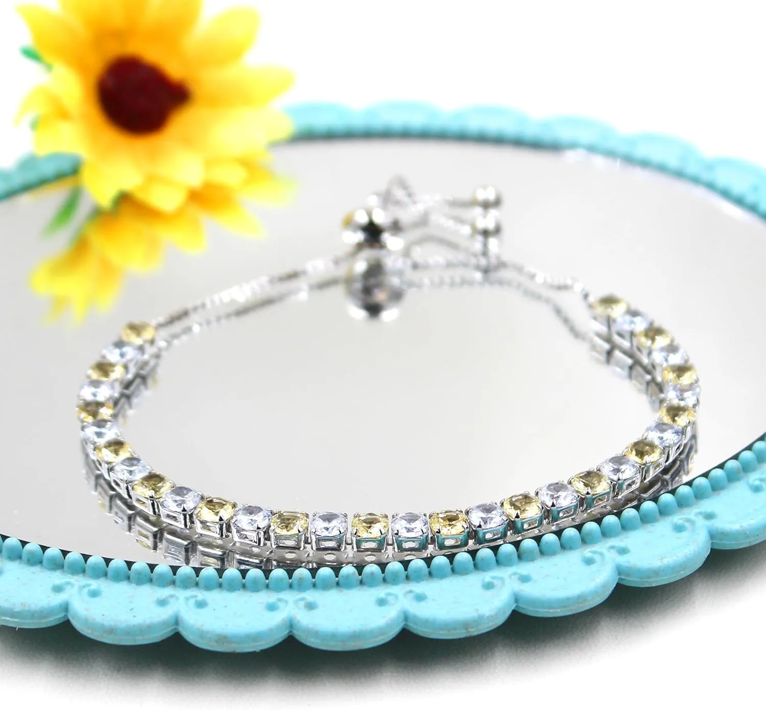 Platinum Box Chain Classic Tennis Adjustable Bracelet, Multi-colored Cubic Zirconia Women's Crystal Gem Bracelet-Hypoallergenic Bracelets