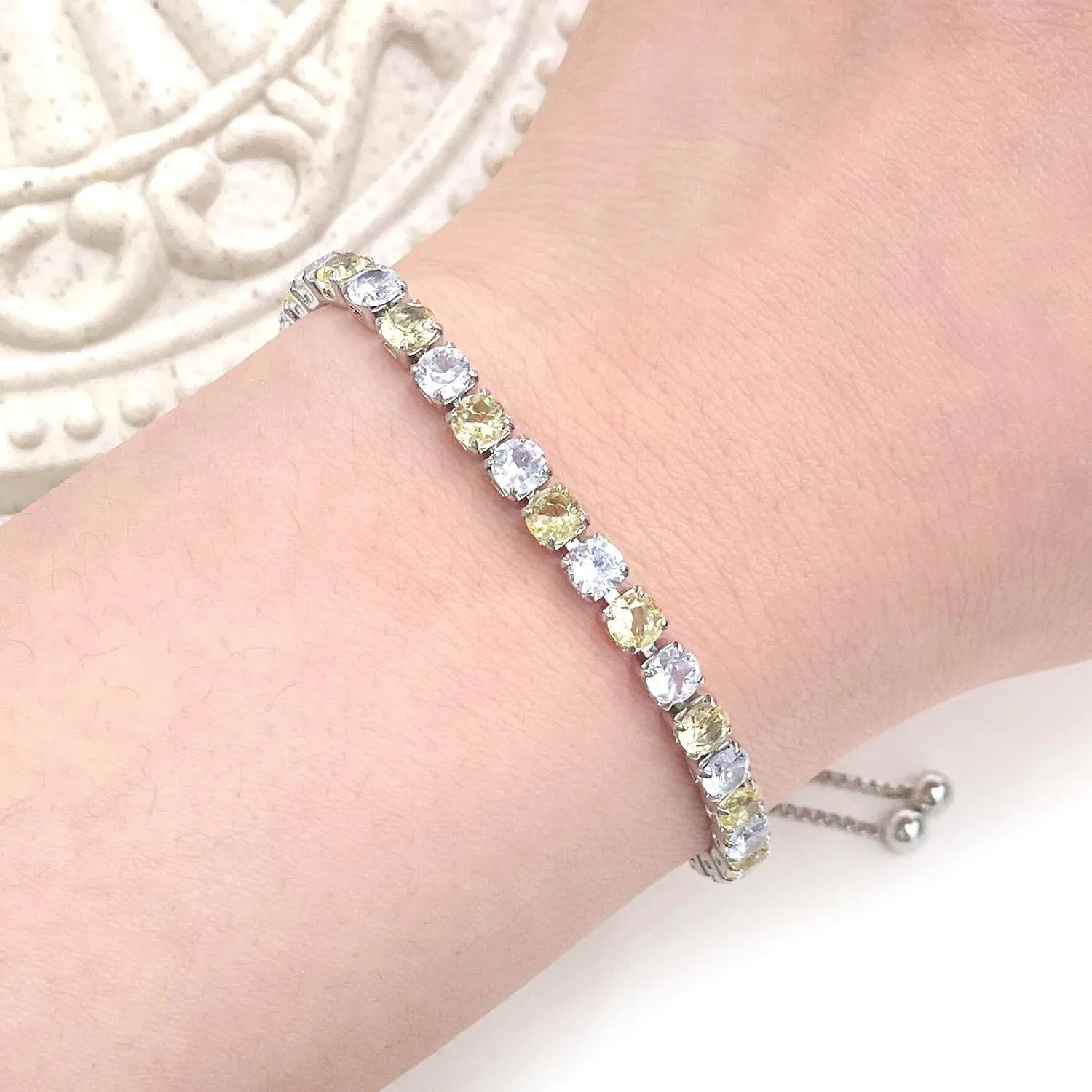 Platinum Box Chain Classic Tennis Adjustable Bracelet, Multi-colored Cubic Zirconia Women's Crystal Gem Bracelet-Hypoallergenic Bracelets