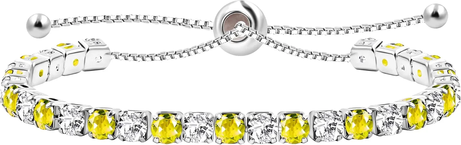Platinum Box Chain Classic Tennis Adjustable Bracelet, Multi-colored Cubic Zirconia Women's Crystal Gem Bracelet-Hypoallergenic Bracelets