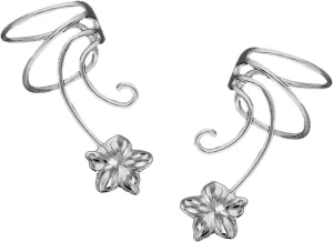 Plumeria Flower Non-pierced Wave Ear Cuff Earring Clip Wrap Pair Sterling Silver