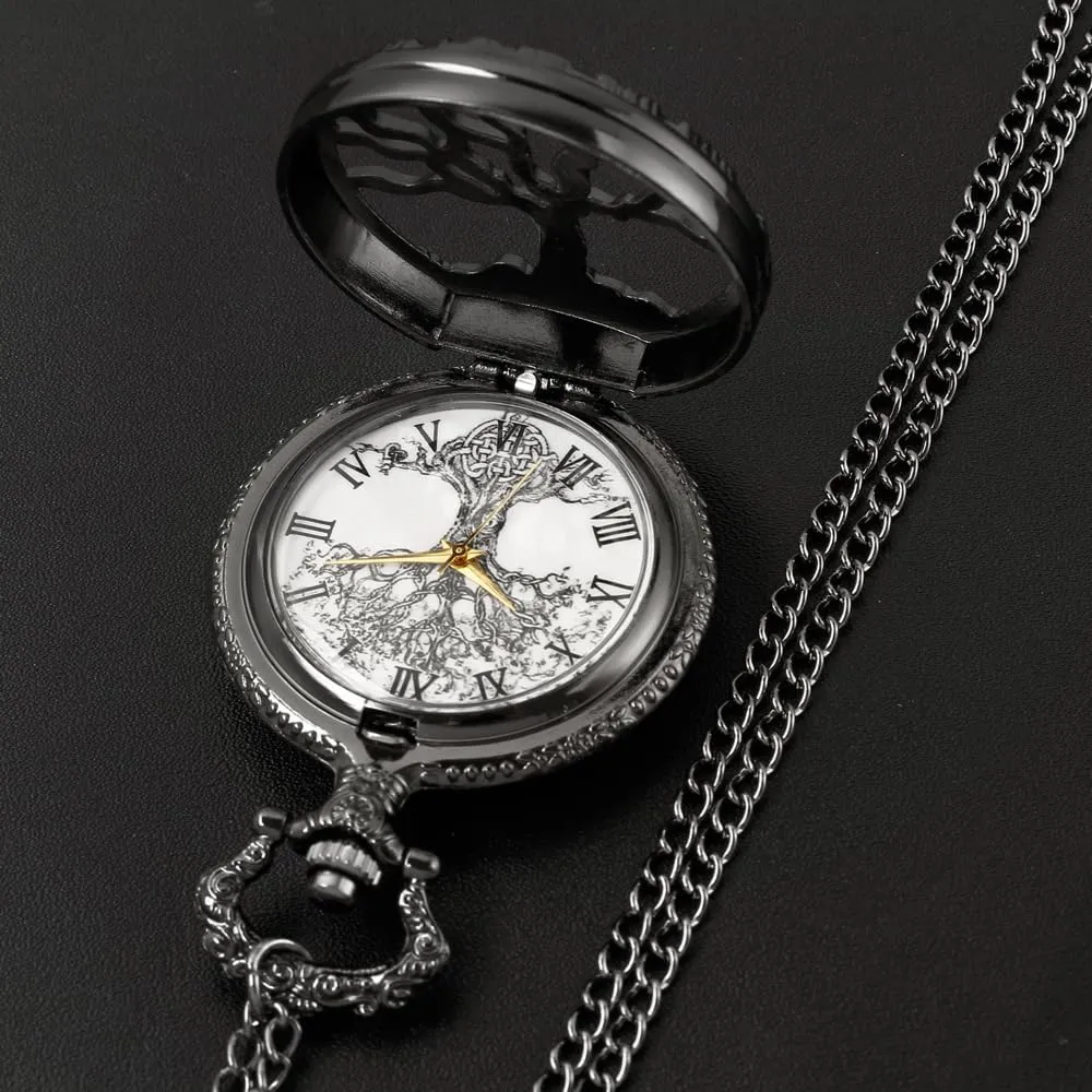 Pocket Watch Hollow Tree of Life Design Roman Numerals Customizable Quartz Pocket Watch with Chain Birthday Gifts