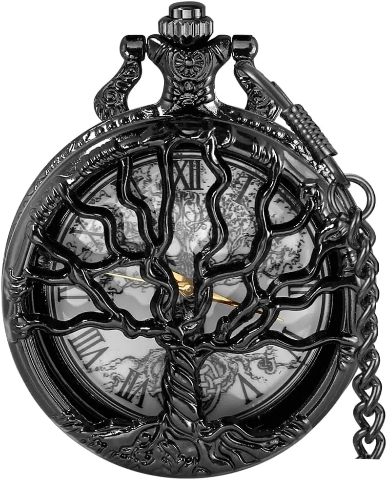 Pocket Watch Hollow Tree of Life Design Roman Numerals Customizable Quartz Pocket Watch with Chain Birthday Gifts