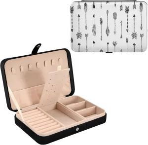 Poeticcity Vintage Retro Seamless Hand Drawn Black Ethnic Tribal Arrows Travel Jewelry Box, PU Leather Small Jewelry Organizer for Women, Black Storage Holder Boxes for Earrings, Rings, Necklaces