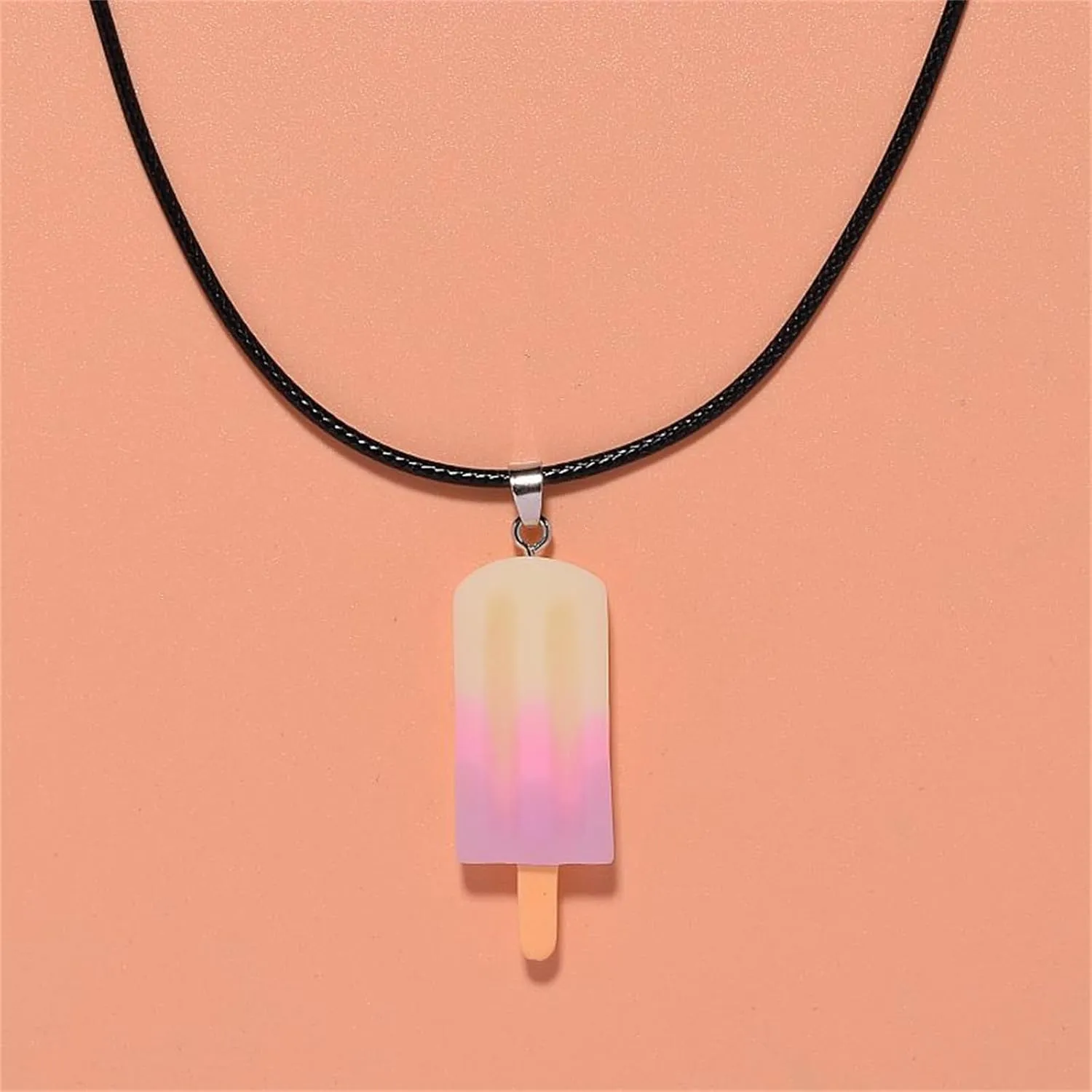 Popsicle Acrylic Necklace Handmade Funny Cartoon Colorful Rainbow Resin 3D Mini Ice Cream Snacks Food Chic Lightweight Leather Necklace for Women Men Boho Summer Beach Holiday Fashion Jewelry Gifts