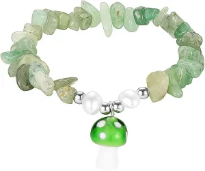 POYAMUSE Natural Purple Crystal Gemstone Bracelet, Beaded Mushroom Charm Bracelet for Women, Adjustable Green Crystal Boho Bracelet for Women