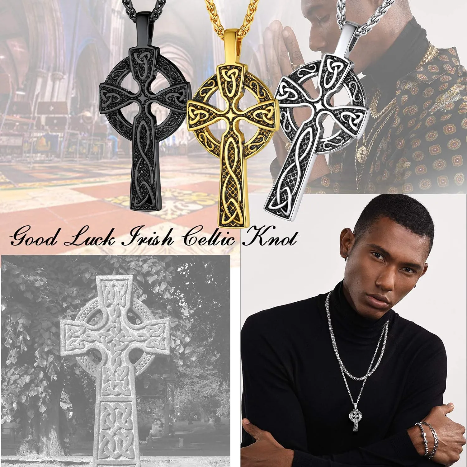 PROSTEEL 316L Stainless Steel Celtic Knot Triquetra Necklace, Irish Christian Cross Pendant Necklace for Men Women, Protection Amulet Jewelry, 22"-24" Adjustable, Come with Box