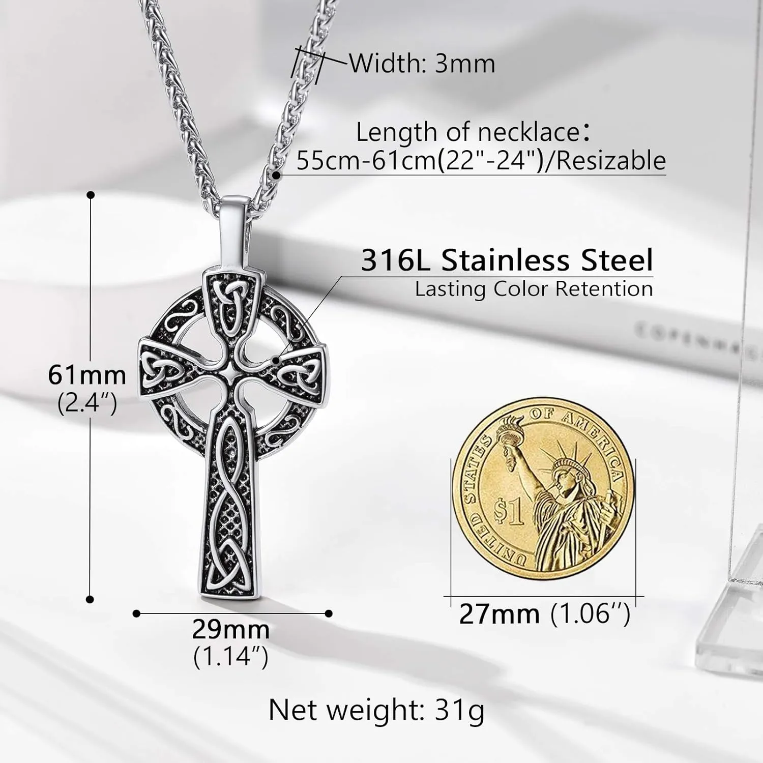 PROSTEEL 316L Stainless Steel Celtic Knot Triquetra Necklace, Irish Christian Cross Pendant Necklace for Men Women, Protection Amulet Jewelry, 22"-24" Adjustable, Come with Box