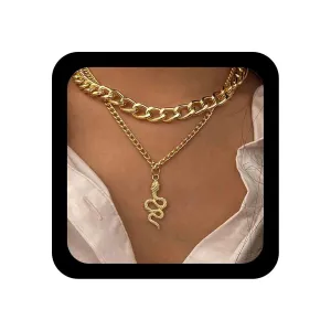 Punk Layered Snake Necklace Choker Gold Curb Chain Necklace Vintage Snake Pendant Necklace Chunky Cuban Link Chain Necklace Jewelry