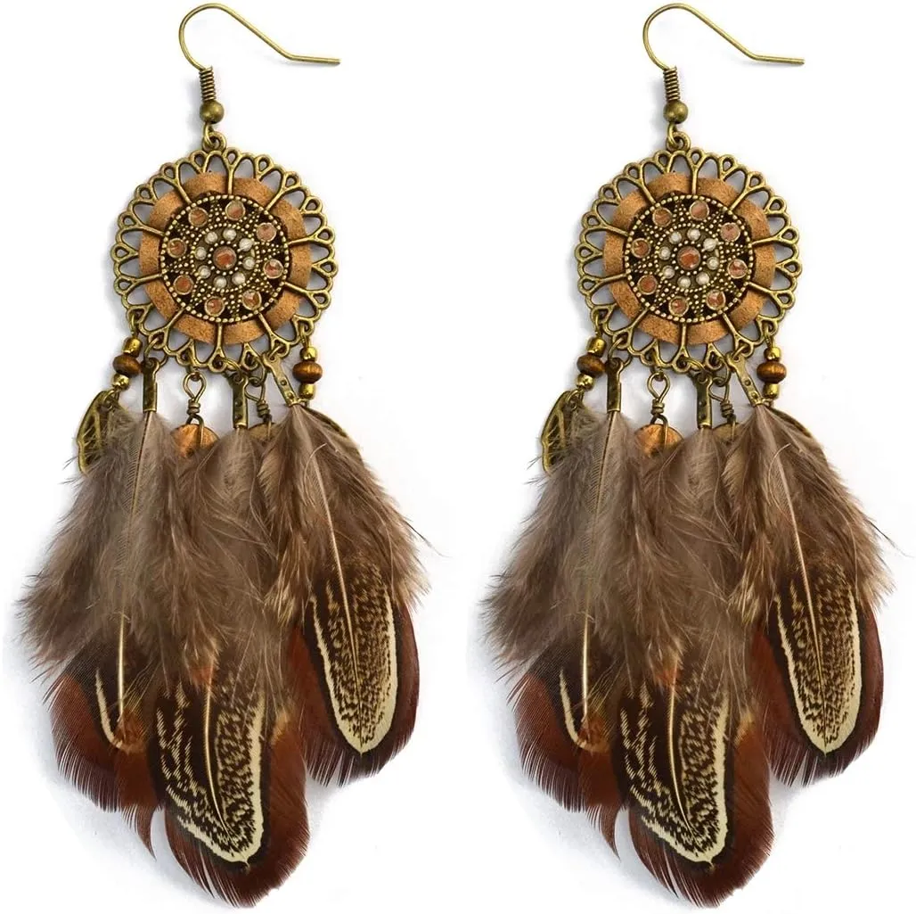 Punk Vintage Long Tassel Feather Beads Drop Wolf Tooth Pendant Earring Fish Hook Earrings