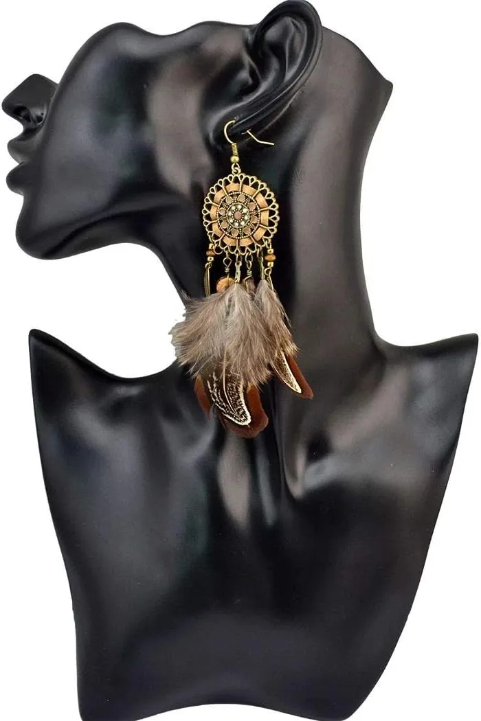 Punk Vintage Long Tassel Feather Beads Drop Wolf Tooth Pendant Earring Fish Hook Earrings