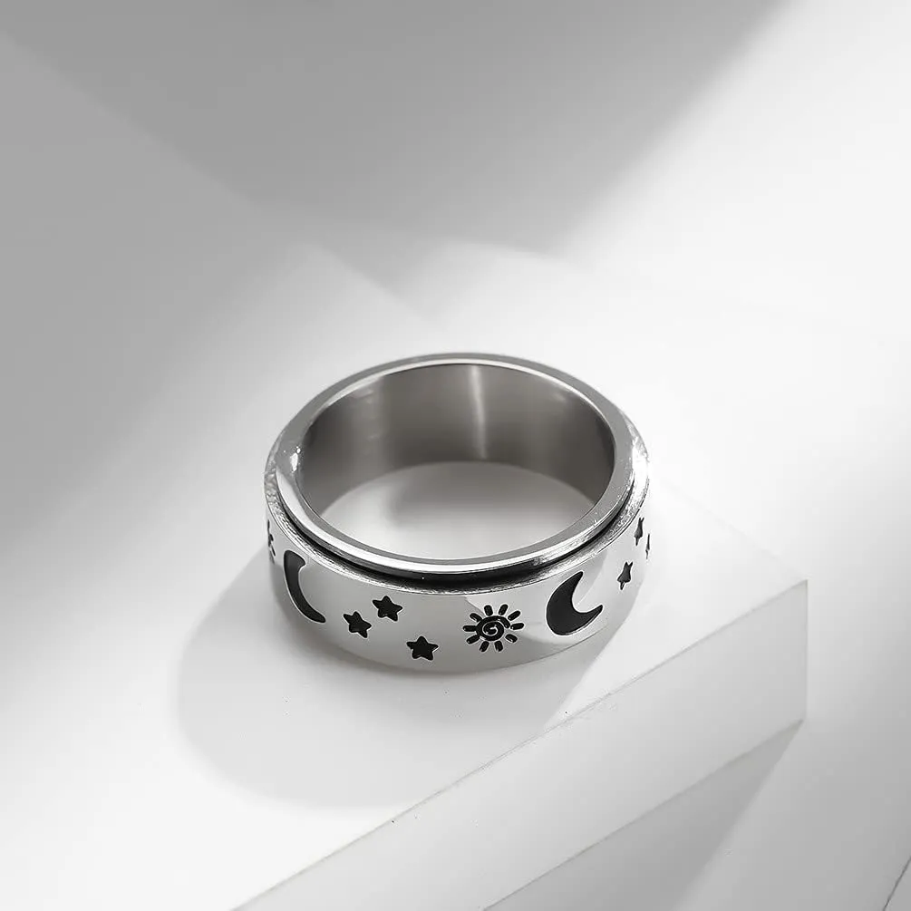 QINGDUO 8MM Faith Hope Love Inspirational Moon Star Sun Fine Tuning Stress Relief Spinning Ring Stainless Steel Boho Jewelry for Women Men Wedding Graduation Gift Sizs 5-12