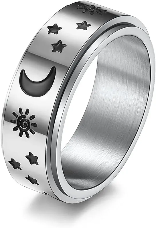 QINGDUO 8MM Keep Fucking Going Inspirational Moon Star Sun Fine Tuning Stress Relief Spinning Ring Stainless Steel Boho Jewelry for Women Men Wedding Graduation Gift Sizs 5-12