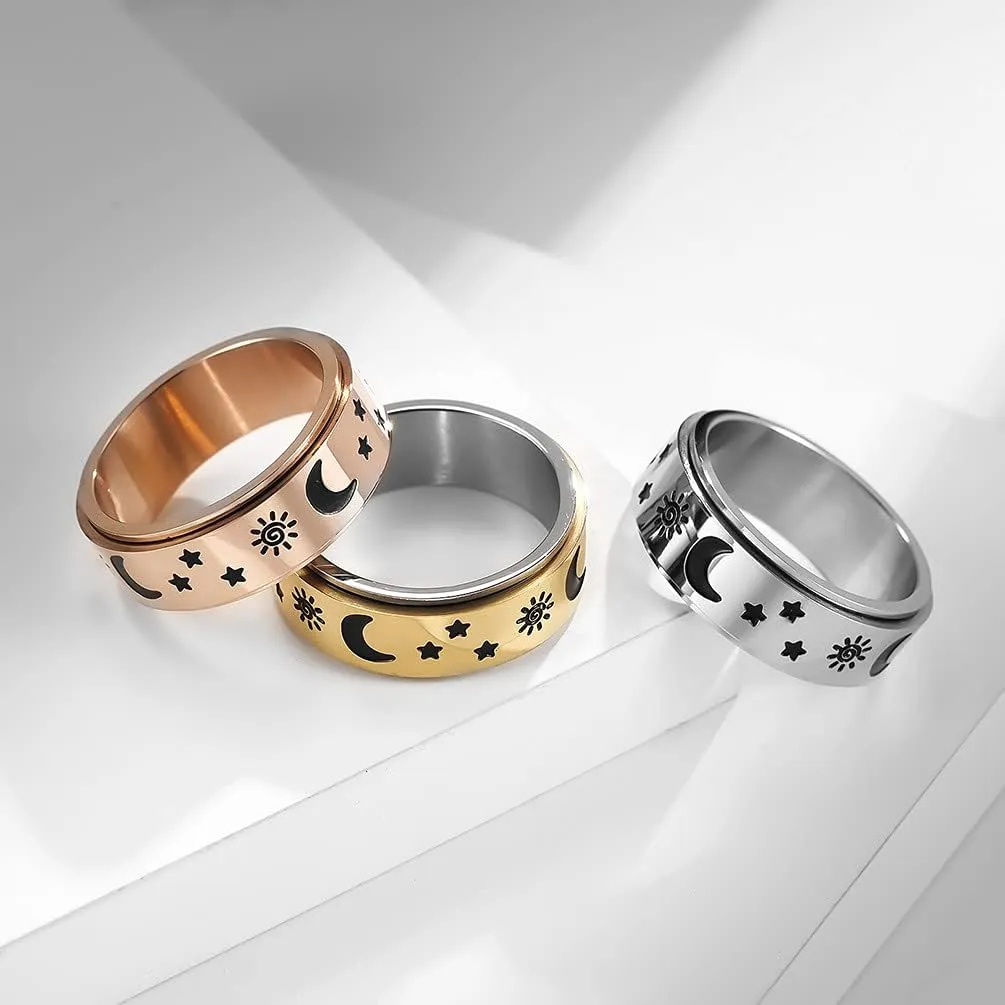 QINGDUO 8MM Keep Fucking Going Inspirational Moon Star Sun Fine Tuning Stress Relief Spinning Ring Stainless Steel Boho Jewelry for Women Men Wedding Graduation Gift Sizs 5-12