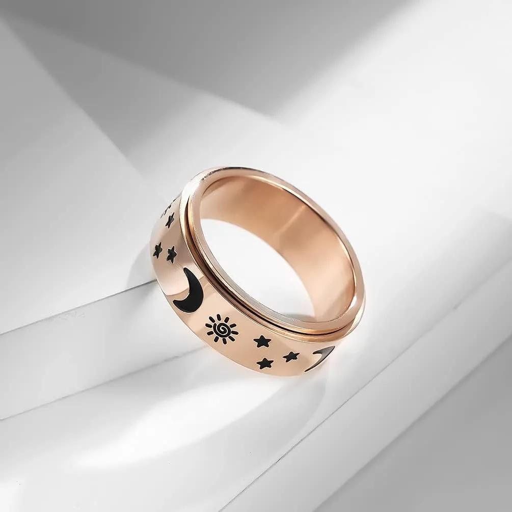 QINGDUO 8MM Keep Fucking Going Inspirational Moon Star Sun Fine Tuning Stress Relief Spinning Ring Stainless Steel Boho Jewelry for Women Men Wedding Graduation Gift Sizs 5-12