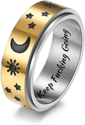 QINGDUO 8MM Keep Fucking Going Inspirational Moon Star Sun Fine Tuning Stress Relief Spinning Ring Stainless Steel Boho Jewelry for Women Men Wedding Graduation Gift Sizs 5-12