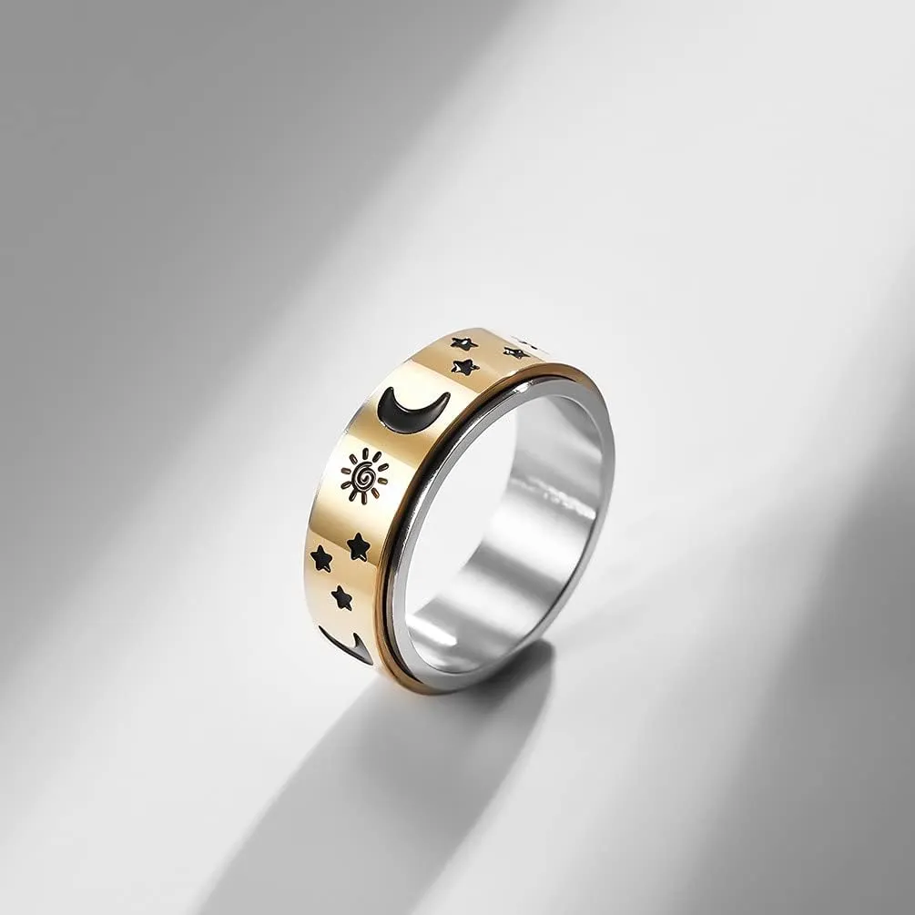 QINGDUO 8MM Keep Fucking Going Inspirational Moon Star Sun Fine Tuning Stress Relief Spinning Ring Stainless Steel Boho Jewelry for Women Men Wedding Graduation Gift Sizs 5-12