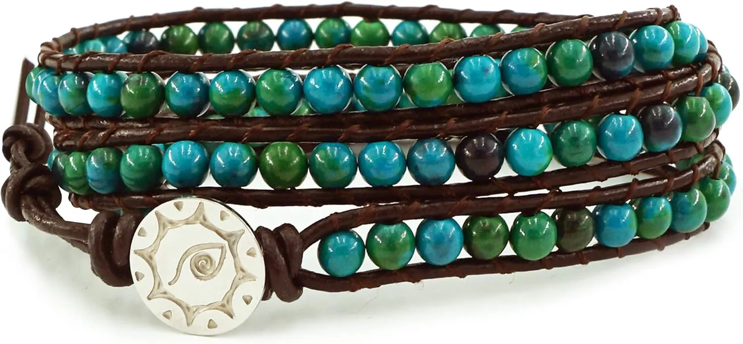 "Amicable Blue Mix Green ChrysocollaGemstone Beads Genuine Leather Bracelet, 3 Wraps