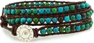 "Amicable Blue Mix Green ChrysocollaGemstone Beads Genuine Leather Bracelet, 3 Wraps