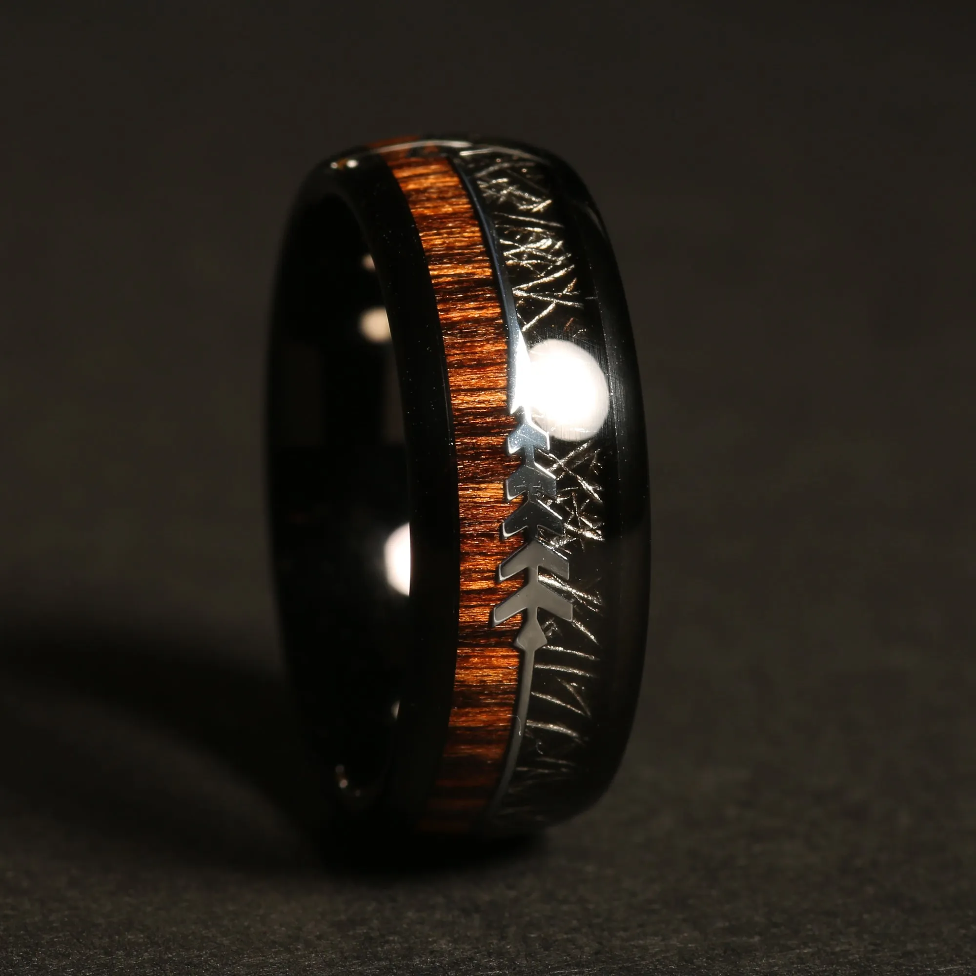 "Hunter" Steel Arrow Design Koa Wood Meteorite Dome Polish Tungsten Carbide Ring 8mm