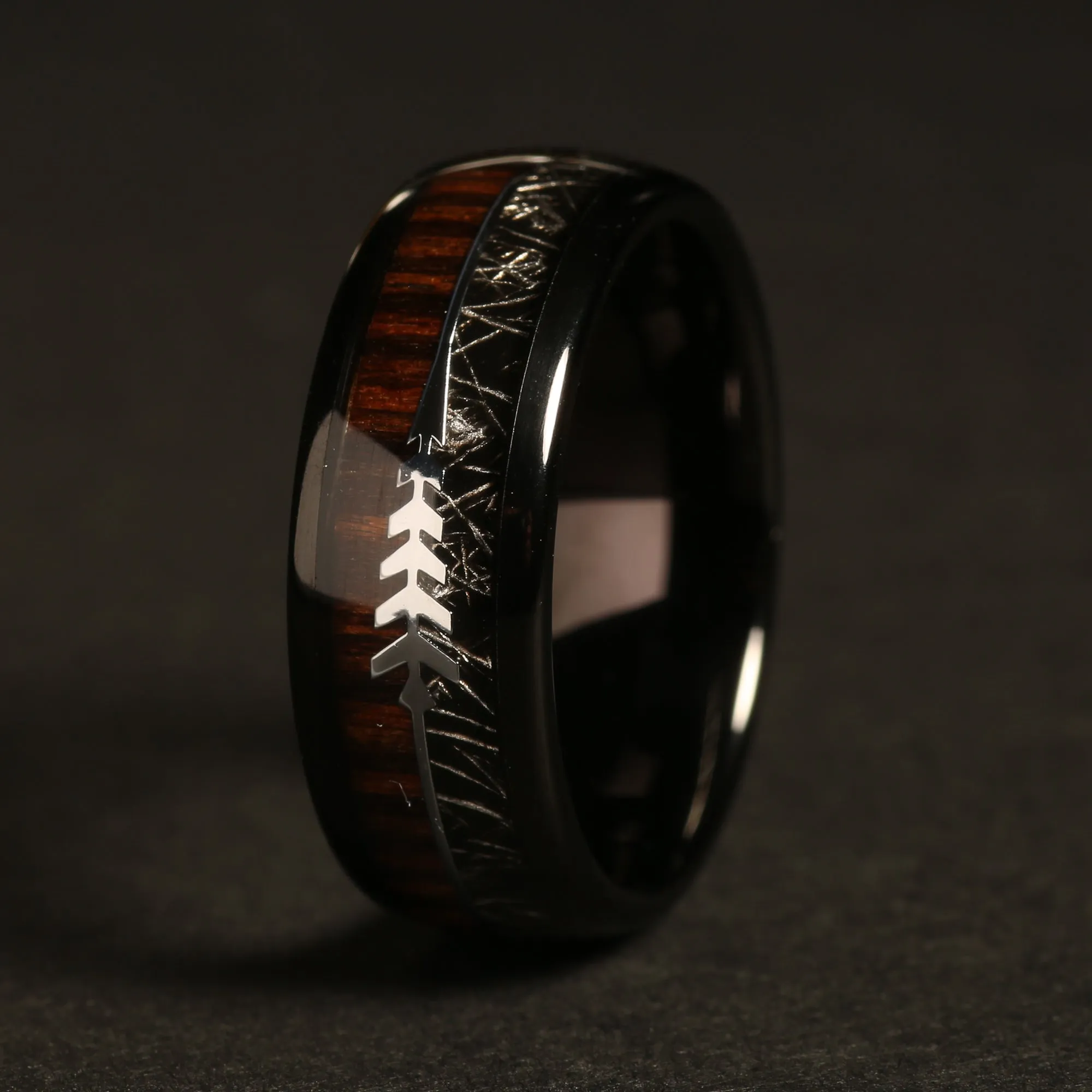 "Hunter" Steel Arrow Design Koa Wood Meteorite Dome Polish Tungsten Carbide Ring 8mm