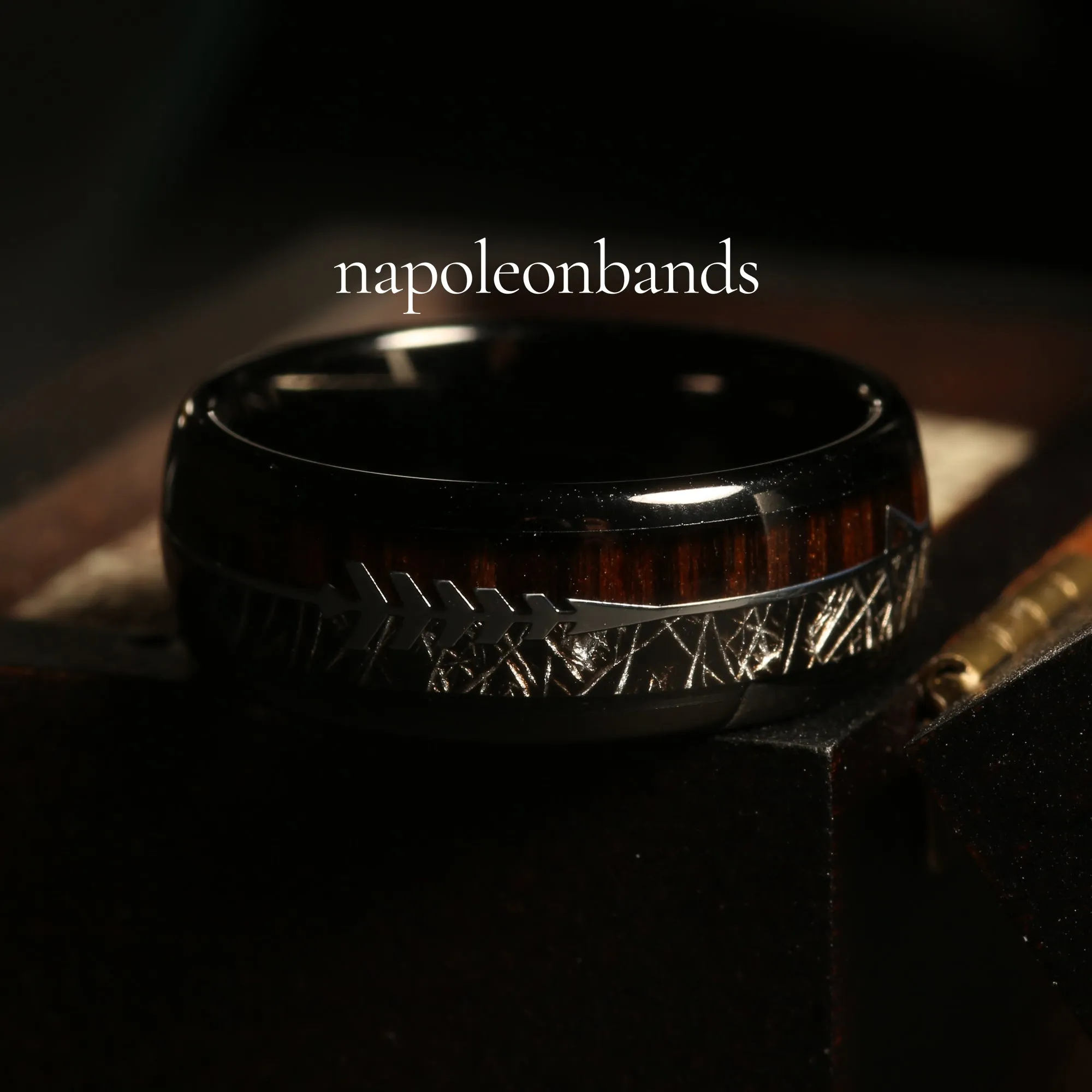 "Hunter" Steel Arrow Design Koa Wood Meteorite Dome Polish Tungsten Carbide Ring 8mm