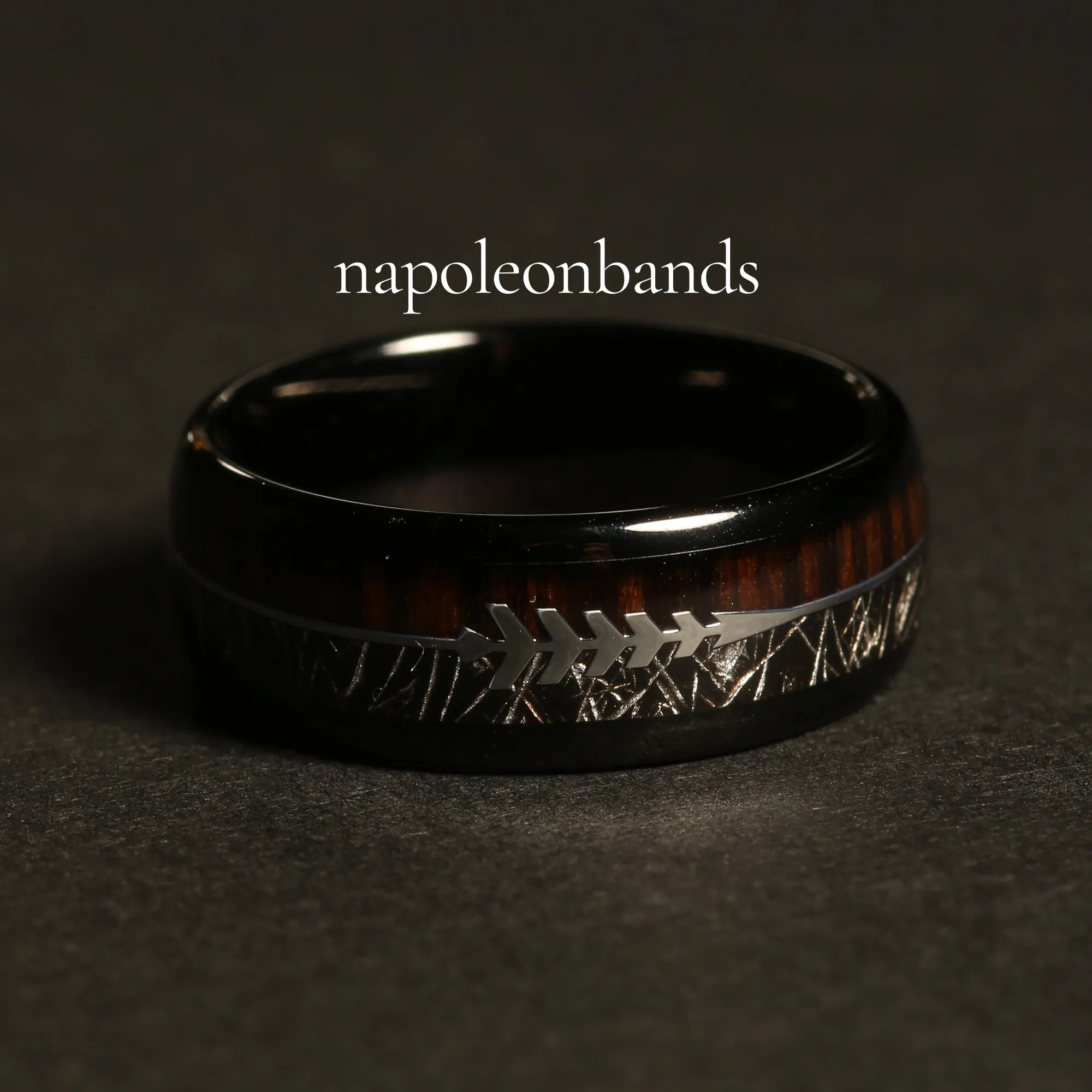 "Hunter" Steel Arrow Design Koa Wood Meteorite Dome Polish Tungsten Carbide Ring 8mm