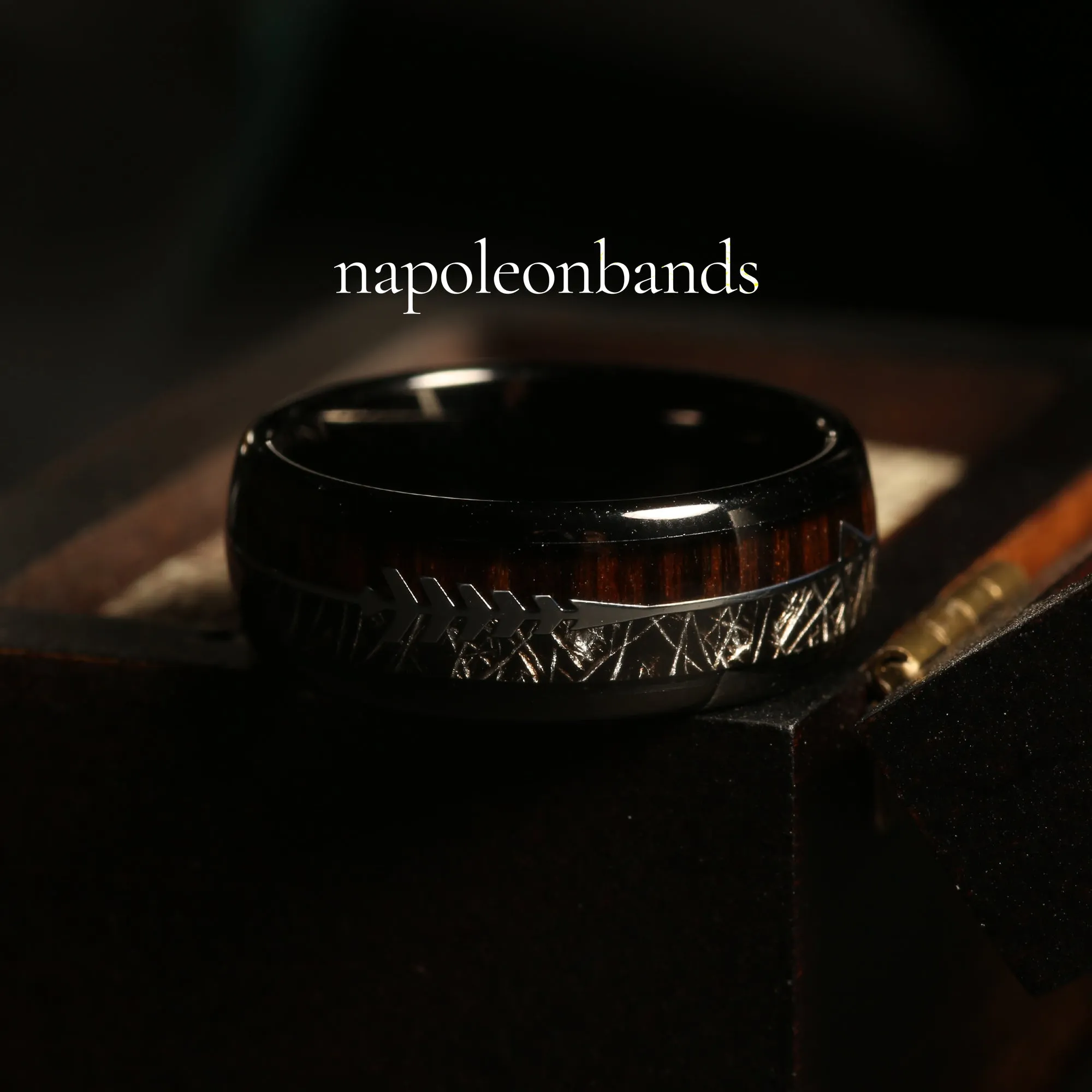 "Hunter" Steel Arrow Design Koa Wood Meteorite Dome Polish Tungsten Carbide Ring 8mm
