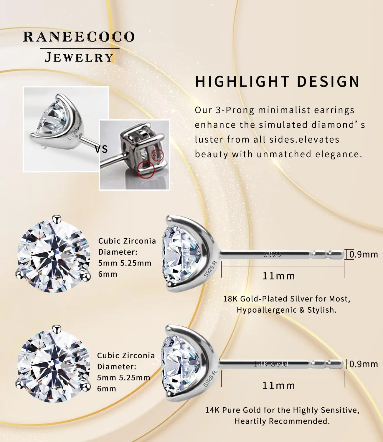 "STUNNING FLAME" 18K Gold Plated Silver Brilliant Cut Simulated Diamond Cubic Zirconia Stud Earrings
