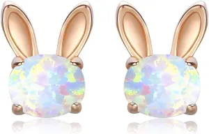Rabbit Stud Earrings 925 Sterling Silver Hypoallergenic Bunny Earrings Tiny Small Earrings Minimalist Jewelry Cute Animal Studs Gift for Women Synthetic Opal Studs