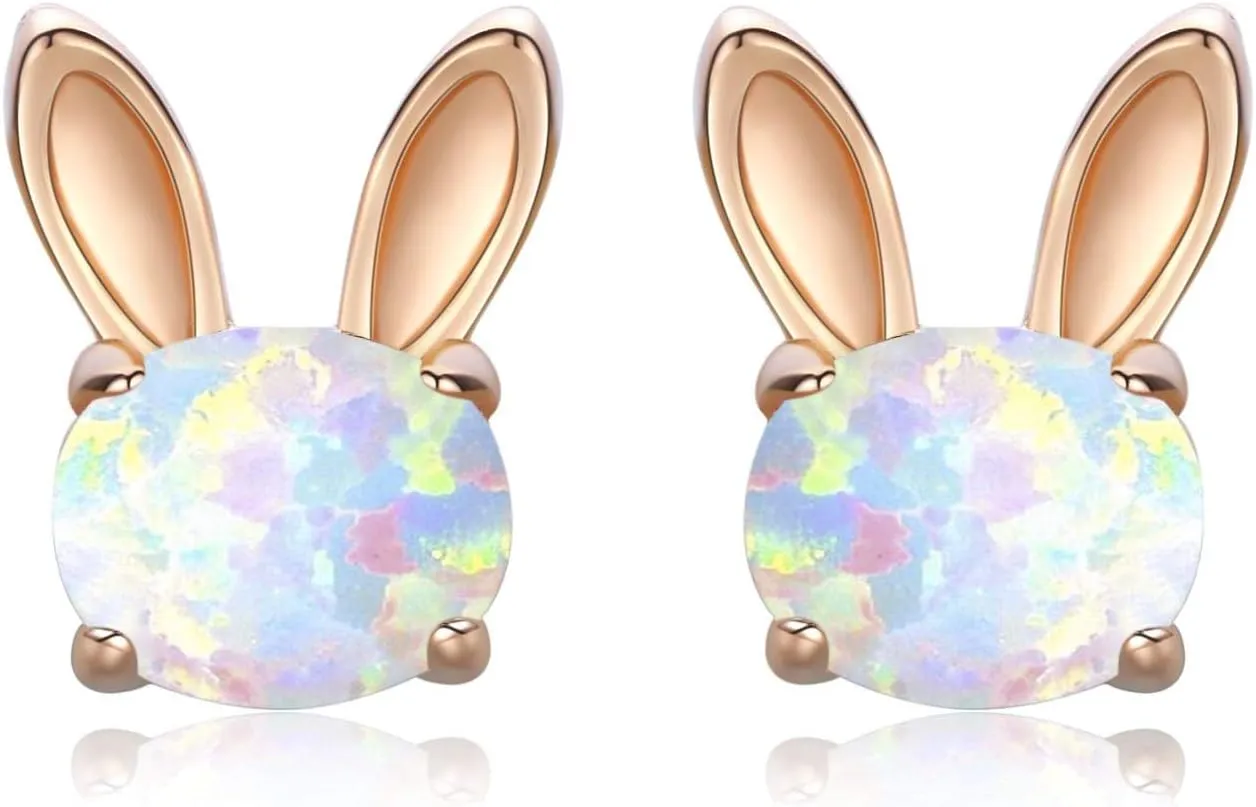 Rabbit Stud Earrings 925 Sterling Silver Hypoallergenic Bunny Earrings Tiny Small Earrings Minimalist Jewelry Cute Animal Studs Gift for Women Synthetic Opal Studs